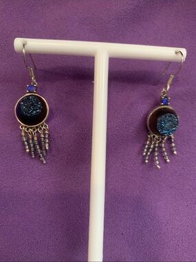 Vintage Sajen 925 Blue Druzy Dangle Earrings with Beaded Fringe